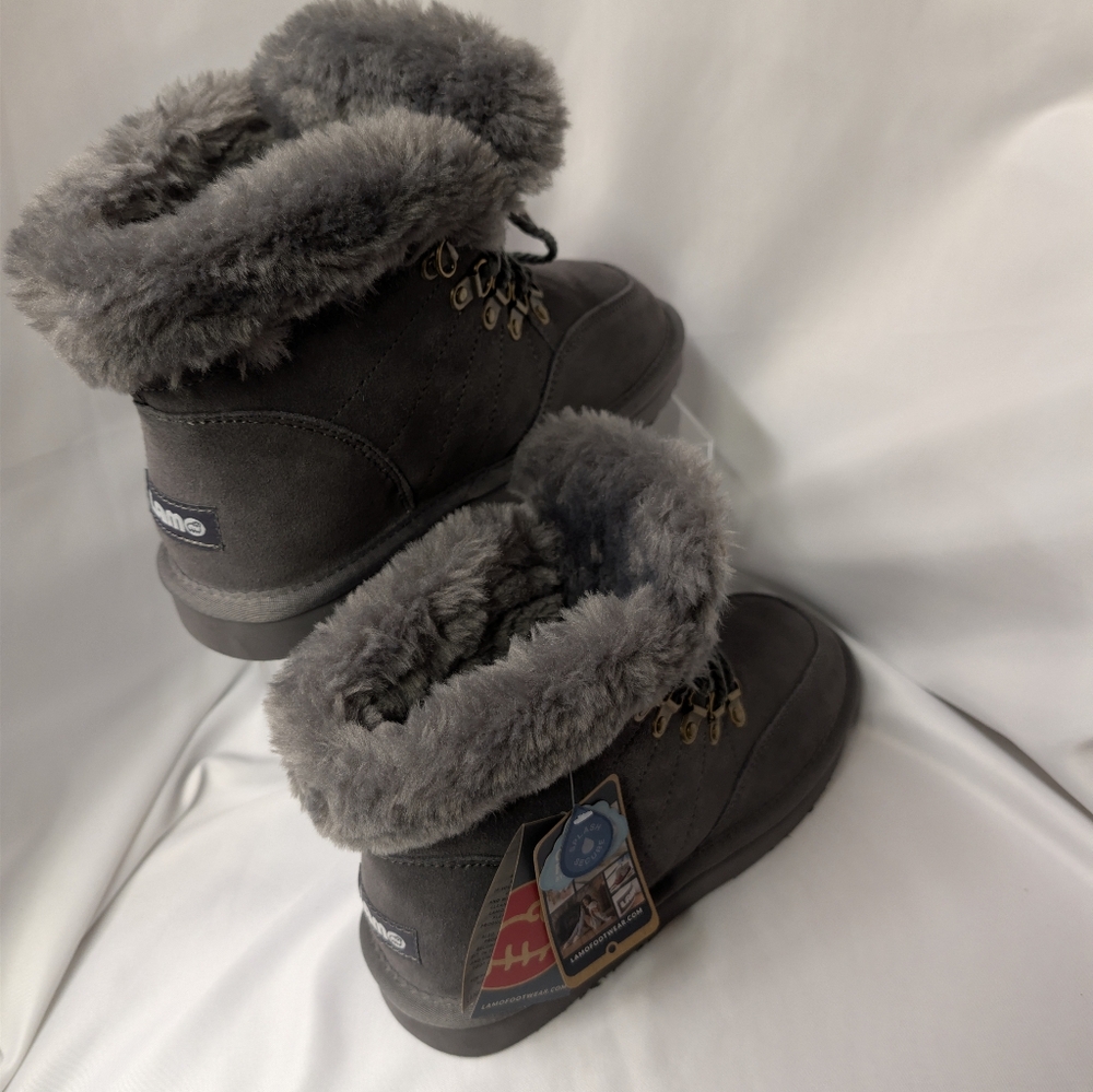 Lamo Winter Suede Boots Gray Splash Proof Size 7 Comfort Foot Faux Fur NIB - Picture 9 of 13